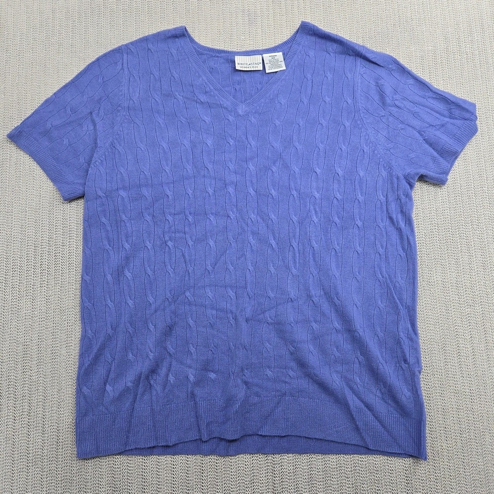 White Stag Shirt Top Womens 16W Blue Cable Knit V Neck Short Sleeve Plus Soft